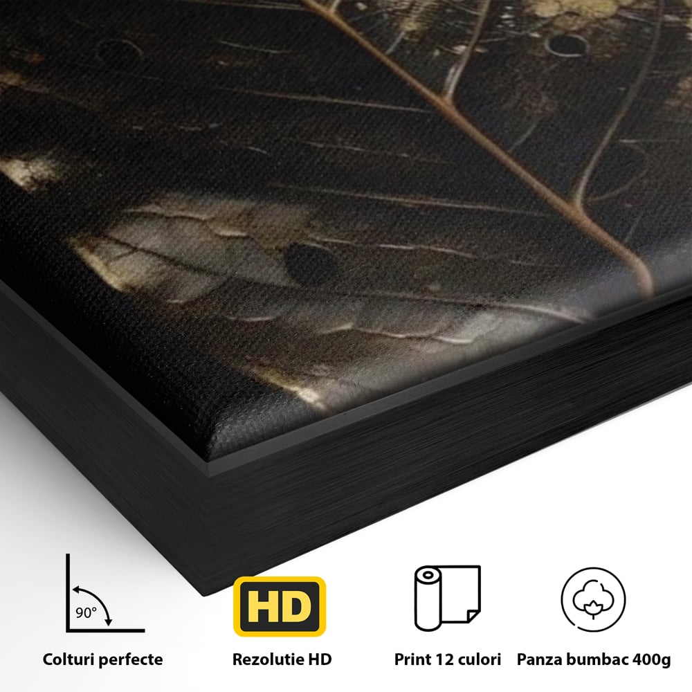 Detaliu al suprafetei: tablou canvas cu frunza uscata, in rama de aluminiu negru
